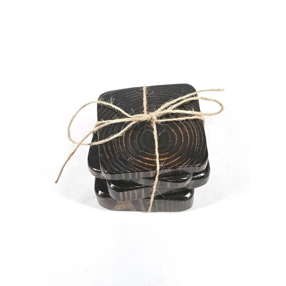 Set of 4 Multi-size Handmade Rustic Wooden Square Drink Coasters Table Protector